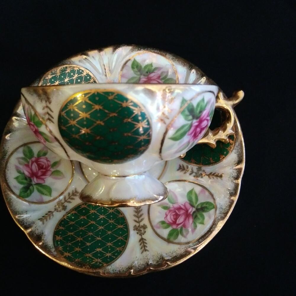 Vintage Japan Lustre Ware Pedestal Cup n Saucer Pink Rose Green Panels Gold Trim